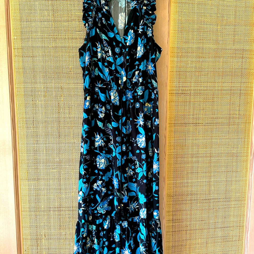 Figue Gabriella Floral-Print Paradise Batik Blue Viscose Tiered Dress Size M